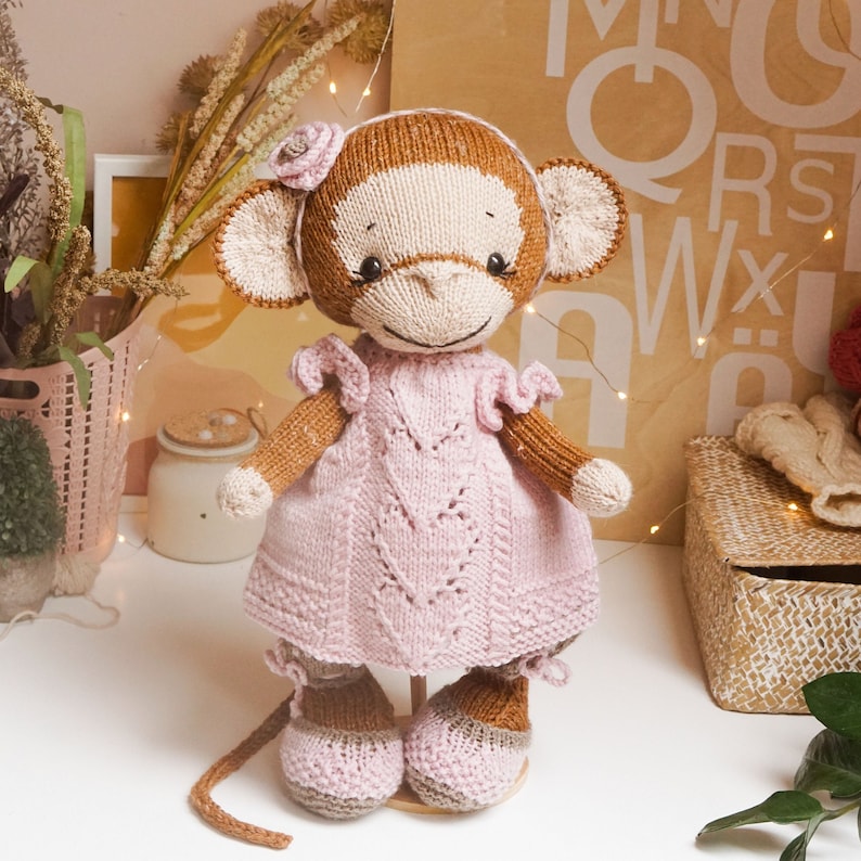 Doll clothes knitting pattern for toys Pink Heart Girl's Outfit Toy Clothes Knitting Pattern / Polushkabunny image 3