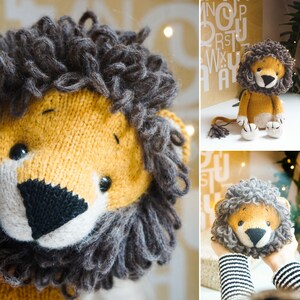 May include: A knitted lion head with a yellow face and a brown mane. The lion has black eyes and a black nose.