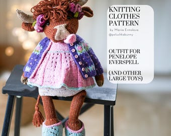 Knitting cow clothes pattern -Penelope Everspell Outfit - Knitting Patterns by Mariia Ermolova @polushkabunny