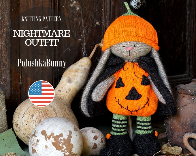 Halloween Doll clothes knitting pattern PDF - Nightmare Outfit for Toy / Knitted animals by Polushkabunny - Toy Clothes Knitting Pattern