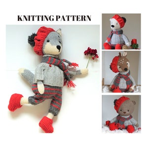 May include: Knitting pattern for three stuffed animal toys: a wolf, a deer, and a bear. Each toy is wearing a red and grey striped scarf and a red hat. The toys are all sitting on a white background.