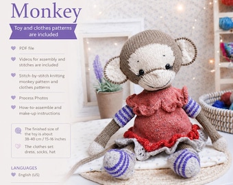 May include: A knitted monkey toy with brown and cream yarn, wearing a red dress with a ruffled collar and purple striped socks. The image includes text detailing a knitting pattern, PDF files, and a finished size of 38-40 cm or 15-16 inches.
