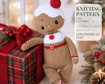 Peut inclure: Un jouet bonhomme en pain d'épice tricoté avec un chapeau blanc style glaçage, une cerise rouge sur le dessus et deux boutons rouges sur la poitrine. Le jouet a des yeux noirs et une bouche cousue rouge. Le texte indique: KNITTING PATTERN TOY + CLOTHES by Mariia Ermolova @polushkabunny GINGERBREAD MAN.