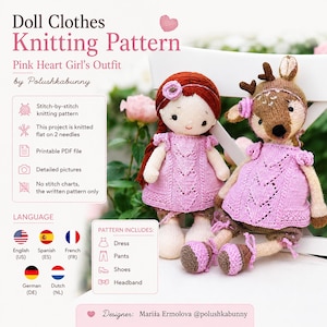 May include: A knitting pattern for doll clothes, featuring a pink heart girl's outfit. The image shows two dolls wearing pink knitted dresses, with the text "Doll Clothes Knitting Pattern" at the top. The pattern includes a dress, pants, shoes, and a headband.