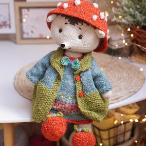 May include: A handmade knitted hedgehog doll wearing a red mushroom hat, blue jacket with green trim, and orange shoes. The doll has a white face, black eyes, and a small bow tie. The doll is sitting on a white surface.
