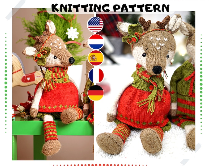 Doll clothes toy knitting pattern PDF - Christmas Outfit for Reindeer Girl