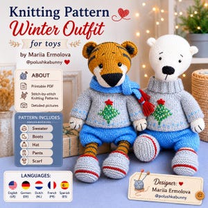 Könnte beinhalten: Strickmuster für ein Winter-Outfit für Spielzeug. Das Bild zeigt zwei gestrickte Spielzeugtiere: einen Tiger und einen Eisbären, beide tragen Pullover, Hosen, Schals und Stiefel. Das Muster beinhaltet einen Pullover, Stiefel, Hut, Hose und Schal.