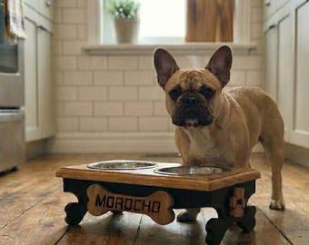 Personalized Raised Hardwood Dog Bowl Stand for Small Dogs with Stainless Steel Bowls