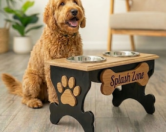 Raised Solid Hardwood Dog Bowl Stand with Embossed Paw Prints and Personalized Name