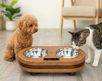 Personalized Hardwood Elevated Pet Feeder for Cats & Small Dogs with Stainless Steel Bowls