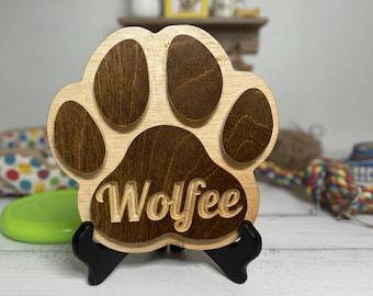Personalized Hardwood Dog Paw Sign, Custom Name Plaque, Natural Finish