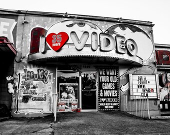 I Love Video (B&W with Red Heart) - Fine Art Print, Austin Photography, Home Decor, Art Collectibles, Austin Art