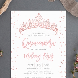 Gold Rose Quinceañera Invitation, quinceanera invite, Editable Template, INSTANT DOWNLOAD, blush , Rose Gold, Glitter, TEMPLETT #12