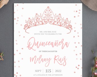 Gold Rose Quinceañera Invitation, quinceanera invite, Editable Template, INSTANT DOWNLOAD, blush , Rose Gold, Glitter, TEMPLETT #12