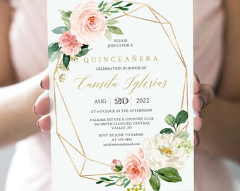 Floral Gold Quinceañera Invitation, quinceanera invite,100% Editable Template, INSTANT DOWNLOAD, blush , Rose Gold, Glitter, TEMPLETT #103