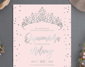 Silver Crown QUINCEANERA INVITATION Template, Silver invitations quinceanera, Silver quinceñera invitations Download, Quince invitations #11