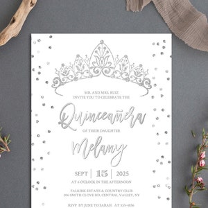 Silver Crown QUINCEANERA INVITATION Template, Silver invitations quinceanera, Silver quinceñera invitations Download, Quince invitations #11