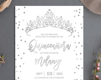 Silver Crown QUINCEANERA INVITATION Template, Silver invitations quinceanera, Silver quinceñera invitations Download, Quince invitations #11