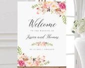 Welcome Sign Wedding, Blush Peach Pink Floral Wedding Welcome Sign,  INSTANT DOWNLOAD, 100% Editable Text, 18x24 & 24x36 A1 A2 #102