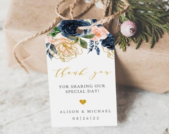 Navy Blue and blush Wedding Favor Tags or Labels, 100% Editable Template, INSTANT DOWNLOAD, Pink Blue, Gold, Glitter, TEMPLETT #101