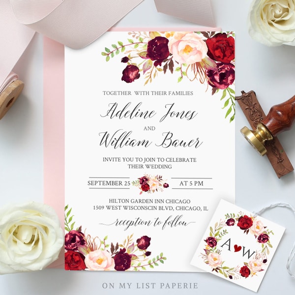 Burgundy Wedding invitation set, 100% Editable Template, INSTANT DOWNLOAD, Boho Floral Chic, bohemian Floral TEMPLETT #55