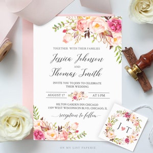 Pink flowers Wedding invitation set, 100% Editable Template, INSTANT DOWNLOAD, Boho Chic, bohemian Floral Pink, TEMPLETT #102