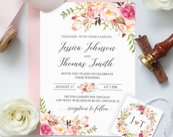 Pink flowers Wedding invitation set, 100% Editable Template, INSTANT DOWNLOAD, Boho Chic, bohemian Floral Pink, TEMPLETT #102