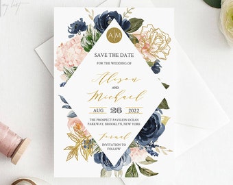 Navy blush Save the Date Invitation, 100% Editable Template, INSTANT DOWNLOAD, Pink, Navy,Blue, Blush, Gold, Glitter, TEMPLETT #101