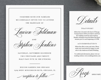 Wedding invitation set, black and white  Editable Template, INSTANT DOWNLOAD, Boho, diy Classic invite Vintage, TEMPLETT #27