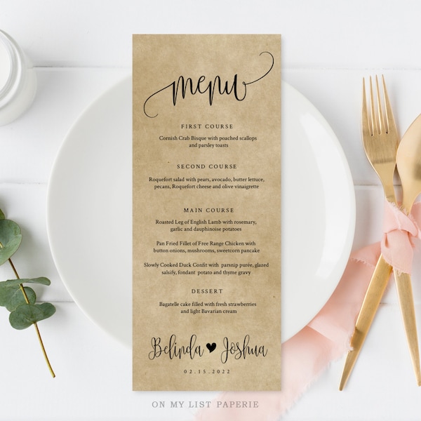 Kraft Wedding Menu Template, kraft rustic menu, Printable DIY Dinner Menu, INSTANT DOWNLOAD, 100%Editable Text, 5x7 & 3.65x9 #25