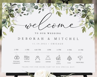 Greenery Bienvenido Boda HORARIO SIGNO PLANTILLA Eucalipto Boda Signo de bienvenida Imprimible Modern Wedding Sign plantilla descargar #50