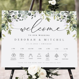 Greenery Bienvenido Boda HORARIO SIGNO PLANTILLA Eucalipto Boda Signo de bienvenida Imprimible Modern Wedding Sign plantilla descargar #50