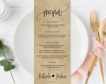 Modèle de menu de mariage Kraft, menu rustique kraft, Menu de dîner bricolage imprimable, TÉLÉCHARGEMENT INSTANTANÉ, Texte 100% modifiable, 5x7 & 3.65x9 #25