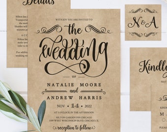 Kraft Rustic Wedding invitation set, Editable Template, INSTANT DOWNLOAD, Boho, diy draft Vintage, TEMPLETT #97