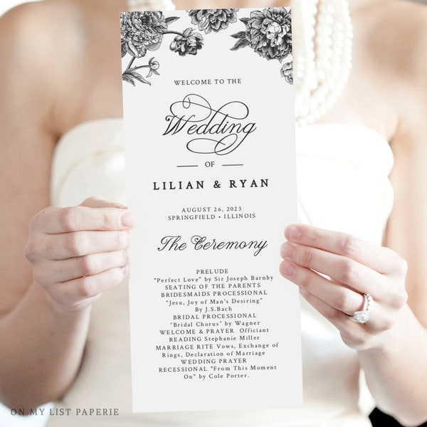 Wedding Program Template, Floral Wedding program template download, Black and White Program Templett,Classic Ceremony program template #96