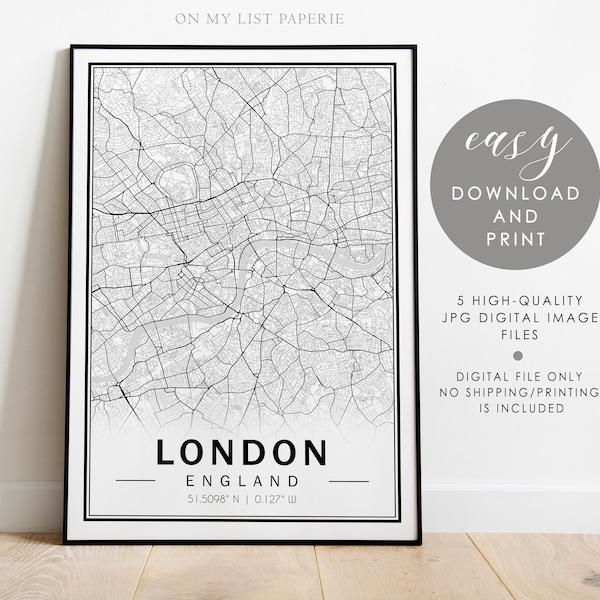 London City Map Print, Black and white map poster, London map print, City maps, Printable wall art,Printable City map wall art download #400