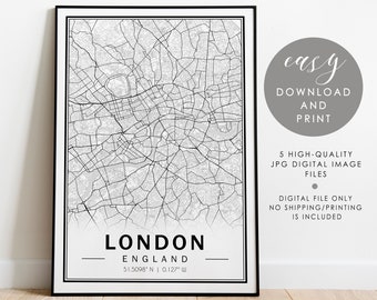 London City Map Print, Black and white map poster, London map print, City maps, Printable wall art,Printable City map wall art download #400