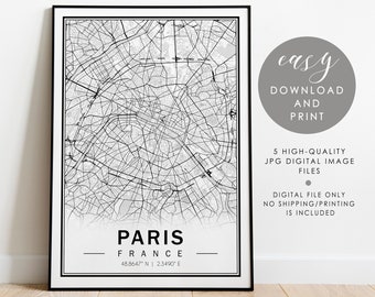 Paris City Map Printable, Black and white city map poster download, Printable wall art, Printable city map, City maps, Paris map print #400