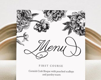 Wedding Menu Template, black and white menu, botanical menu Printable DIY Dinner Menu, INSTANT DOWNLOAD, 100%Editable Text, 5x7 & 3.75x9 #96