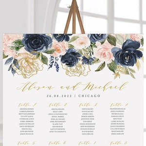 Navy blue blush Seating Chart Template, Pink Gold, Printable DIY Dinner Menu, INSTANT DOWNLOAD, 100% Editable Text, 18x24 & 24x36 A1 A2 #101