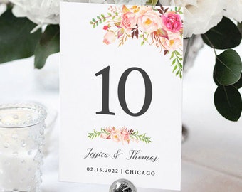 Pink flowers wedding Table Number Template, 100% Editable Template, Table Numbers Printable, Instant Download, 5x7 & 4X6 #102
