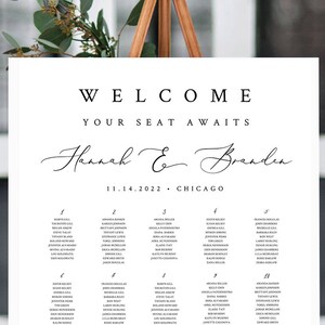 May include: A white wedding seating chart with the text "Welcome, Your Seat Awaits, Hannah & Brandon, 11.14.2022, Chicago" at the top. The chart lists guest names and table numbers.