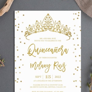 Gold crown Quinceañera Invitation, quinceanera invite, Editable Template, INSTANT DOWNLOAD, blush , Rose Gold, Glitter, TEMPLETT #11