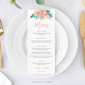 Plantilla de menú de boda de rubor floral, menú floral rosa, menú de cena de bricolaje imprimible, DESCARGA INSTANTÁNEA, texto 100% editable, 5x7 y 3.65x9 #10
