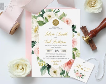 Floral blush boho Wedding invitation suite, 100% Editable Template, INSTANT DOWNLOAD, Boho , Greenery, Boho, Vintage, TEMPLETT #103