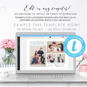 K&ouml;nnte beinhalten: Ein Laptop zeigt eine anpassbare Vorlage mit Familienfotos und dem Text "Merry Christmas & A Happy New Year." Der Bildschirm zeigt auch den Text "Edit on any computer!"