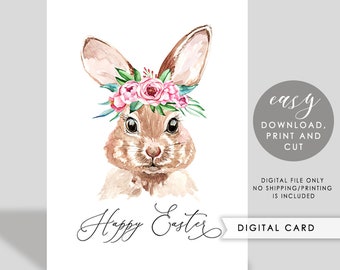 HAPPY EASTER Printable Card, Printable Easter BUNNY Card Digital, Easter greeting card to print at home, Easter rabbit card template #21