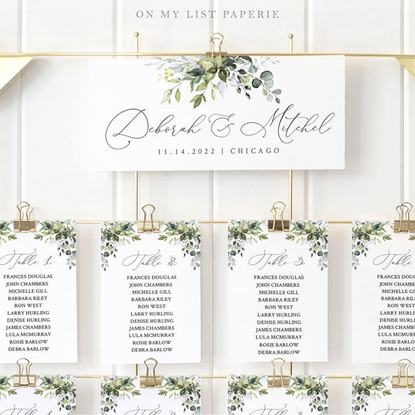 Greenery Wedding Seating Chart Cards Template 2 Sizes (4x6" and 5x7"), Eucalyptus Seating Chart Cards Template Download,INSTANT DOWNLOAD #50