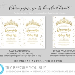 Puede incluir: Una plantilla digital para una invitaci&oacute;n de Quincea&ntilde;era. La invitaci&oacute;n presenta una corona dorada con un fondo blanco y confeti dorado. El texto de la invitaci&oacute;n dice "Quincea&ntilde;era Melany Ruz" y "Sept 115, 2022". La invitaci&oacute;n est&aacute; disponible en dos formatos: guardar papel y p&aacute;gina &uacute;nica.