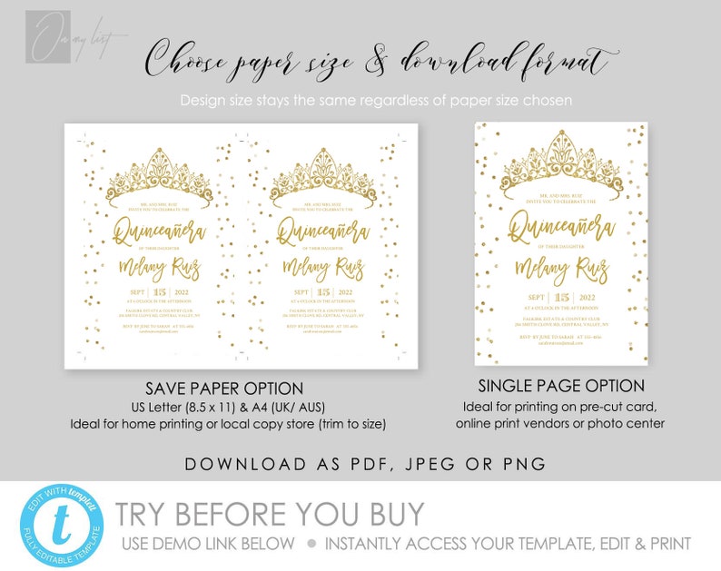 Puede incluir: Una plantilla digital para una invitaci&oacute;n de Quincea&ntilde;era. La invitaci&oacute;n presenta una corona dorada con un fondo blanco y confeti dorado. El texto de la invitaci&oacute;n dice "Quincea&ntilde;era Melany Ruz" y "Sept 115, 2022". La invitaci&oacute;n est&aacute; disponible en dos formatos: guardar papel y p&aacute;gina &uacute;nica.